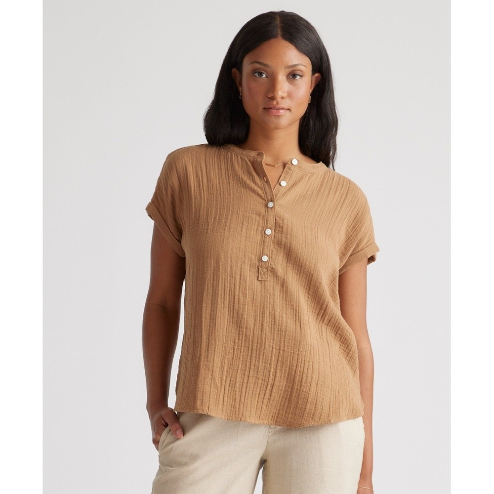 Quince Organic Cotton Gauze Lightweight Resort Boho Cottage Mustard Top sz XS